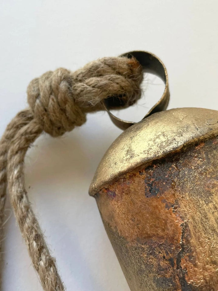 Fort & Field 6 1/2" Tin Brass Finish Bell w/ Wood Striker Jute Hanger | Twentyseven Toronto