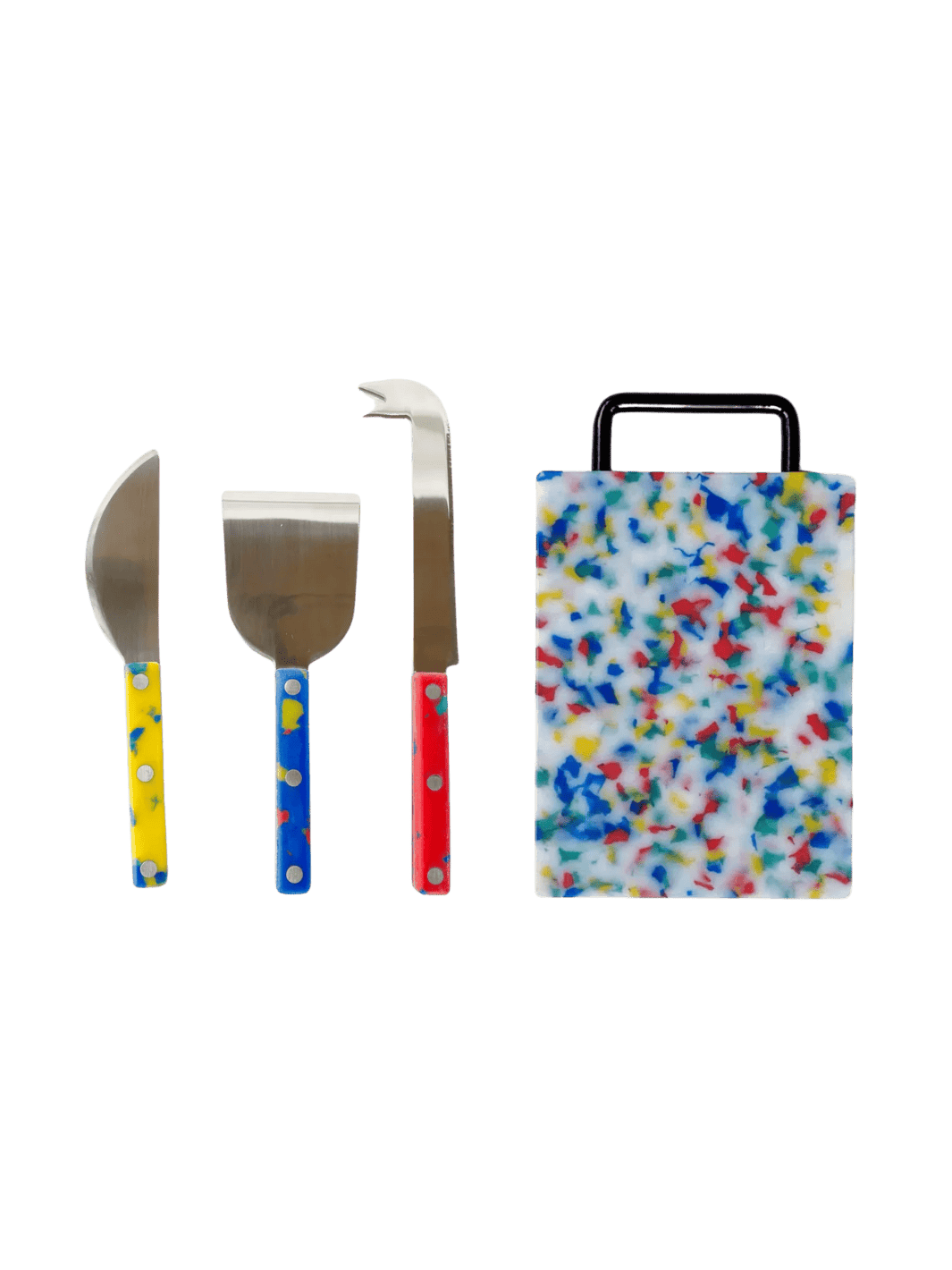 For The Host Bundle - Fredericks and Mae Cheese Knives - Red/Yellow/Blue, Small Multi/Confetti Cutting Board | Twentyseven Toronto