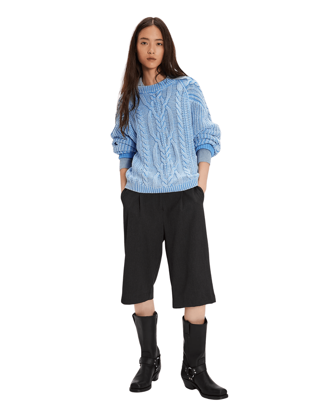 Free People Frankie Cable Sweater in Della Robbia Blue