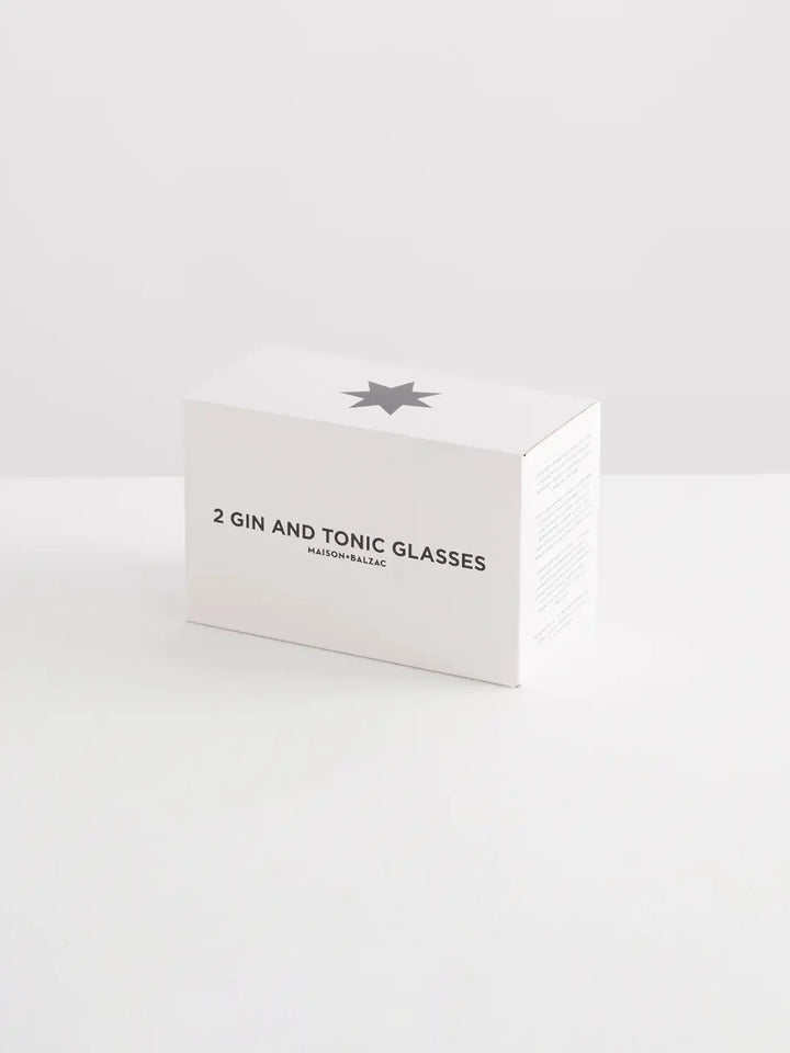 Packaging of 2 Gin and Tonic glasses from  Maison Balzac with a star design on a white background | Twentyseven Toronto