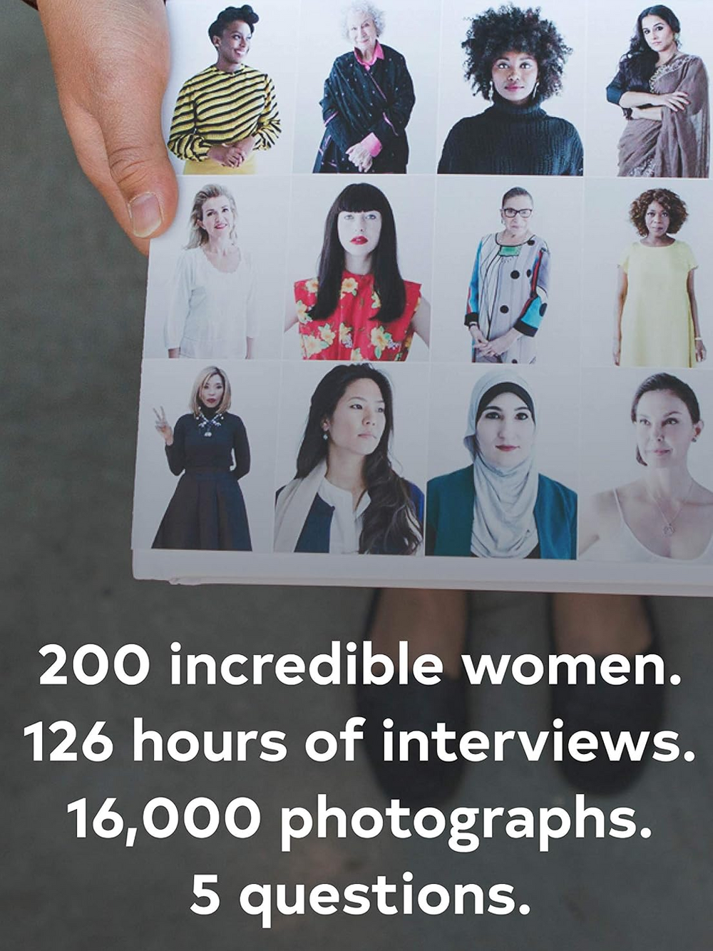 Inside view of 200 Women by Geoff Blackwell and Ruth Hobday, showing a grid of portrait photography from the book and details about the global interview project | Twentyseven Toronto