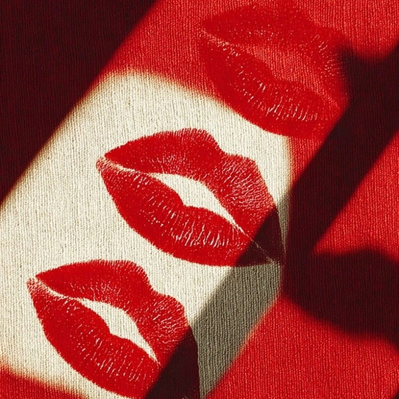 Close-up of red lips printed on fabric with shadows