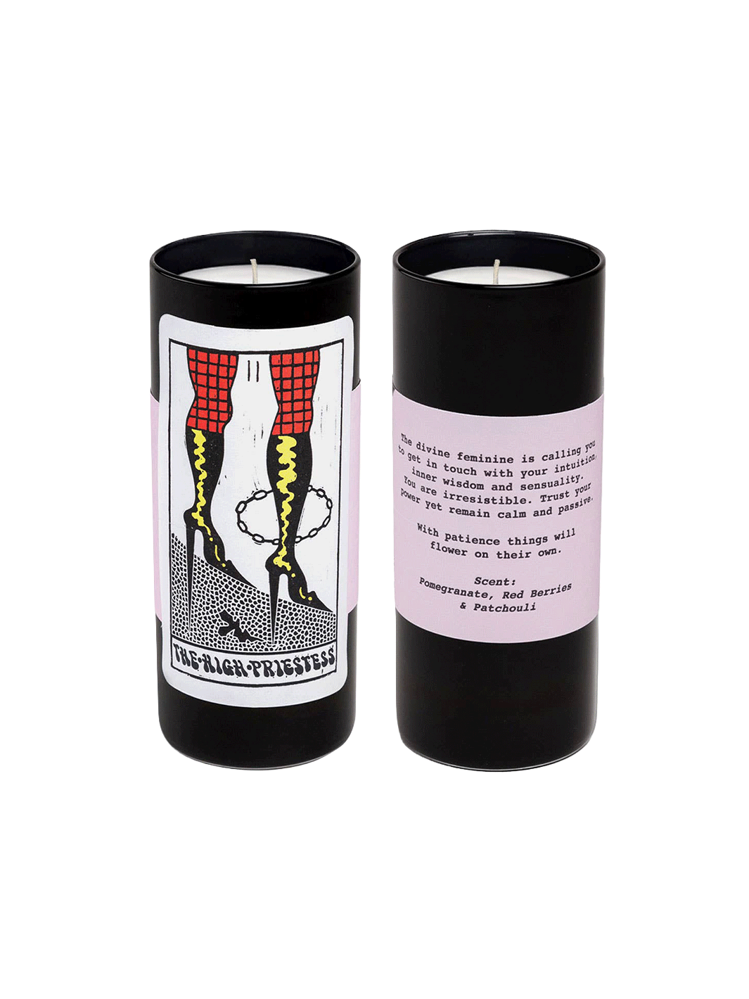 Front and back views of the 54 Celsius High Priestess Tarot Candle featuring pink detailing and illustrated tarot artwork | Twentyseven Toronto