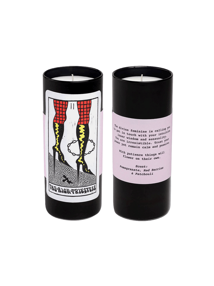 Front and back views of the 54 Celsius High Priestess Tarot Candle featuring pink detailing and illustrated tarot artwork | Twentyseven Toronto