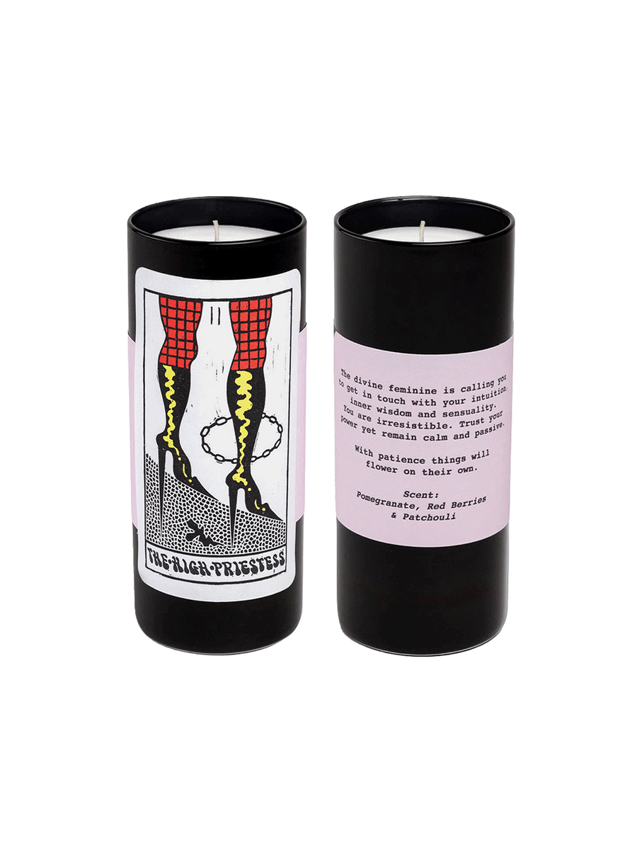 Front and back views of the 54 Celsius High Priestess Tarot Candle featuring pink detailing and illustrated tarot artwork | Twentyseven Toronto