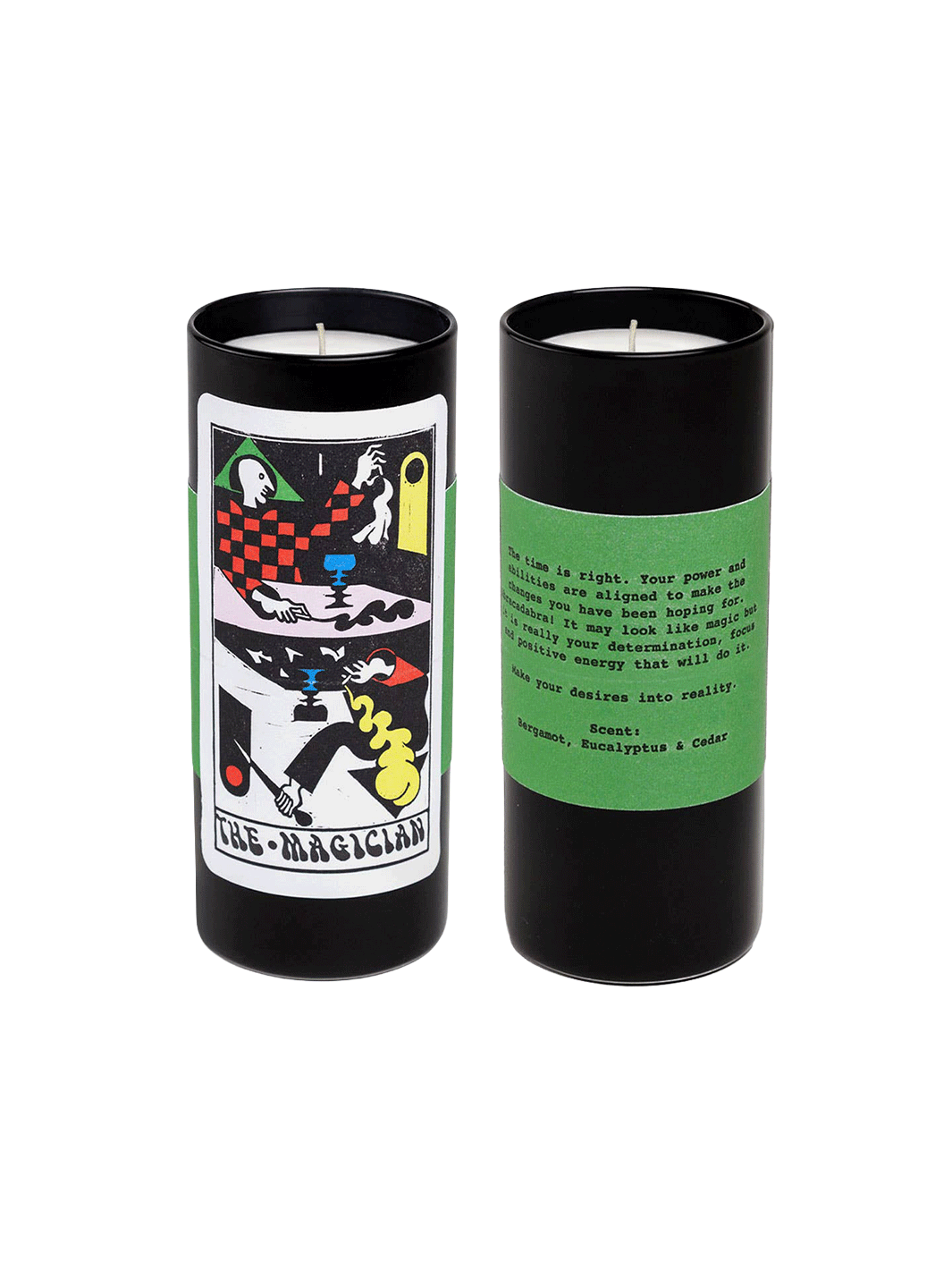 54 Celsius The Magician Tarot Candle shown from the front and back with colourful tarot artwork and green label | Twentyseven Toronto
