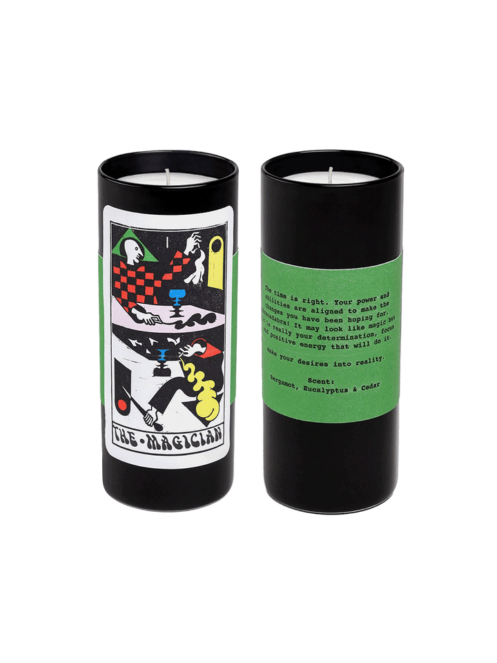 54 Celsius The Magician Tarot Candle shown from the front and back with colourful tarot artwork and green label | Twentyseven Toronto