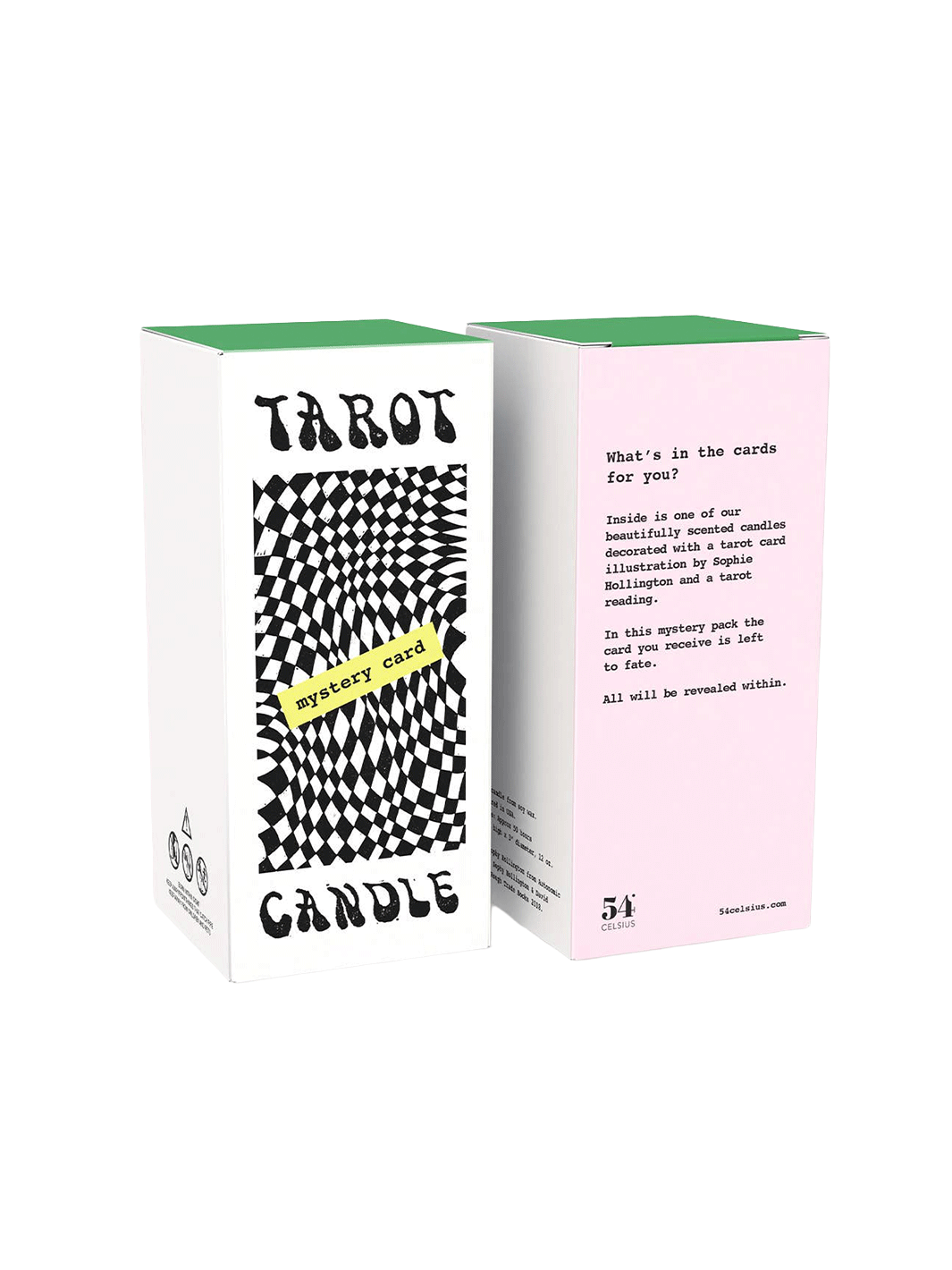 54 Celsius Tarot Candle Mystery Card blind-box packaging featuring black and white checkerboard artwork | Twentyseven Toronto