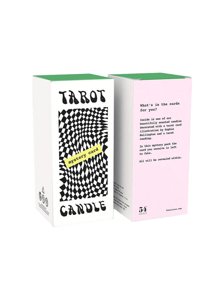 54 Celsius Tarot Candle Mystery Card blind-box packaging featuring black and white checkerboard artwork | Twentyseven Toronto