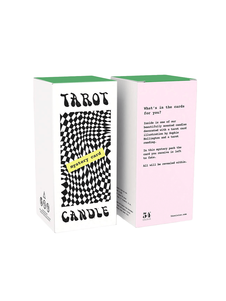 54 Celsius Tarot Candle Mystery Card blind-box packaging featuring black and white checkerboard artwork | Twentyseven Toronto
