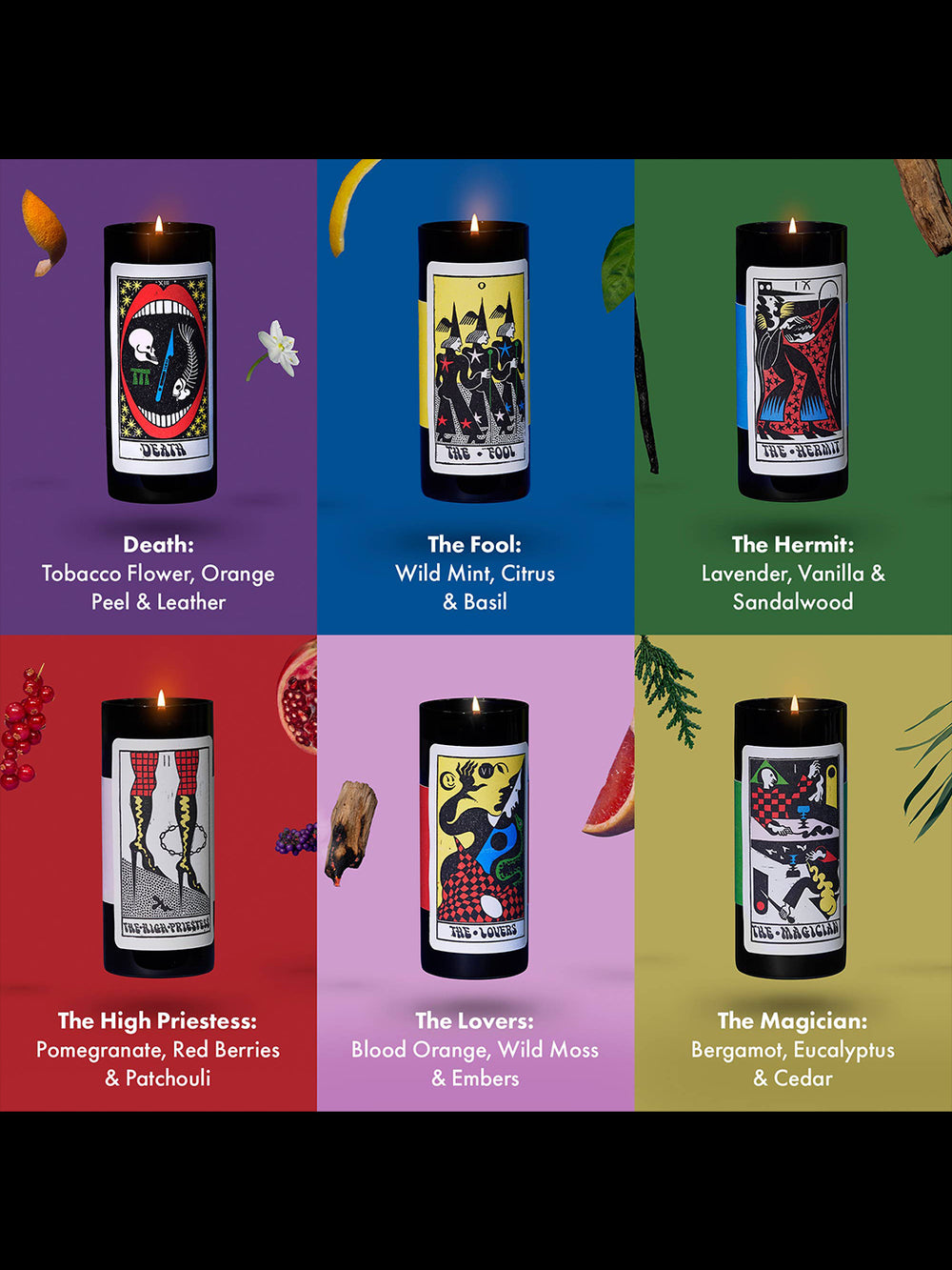 54 Celsius Tarot Candle collection showing Death, The Fool, The Hermit, The High Priestess, The Lovers and The Magician scents | Twentyseven Toronto
