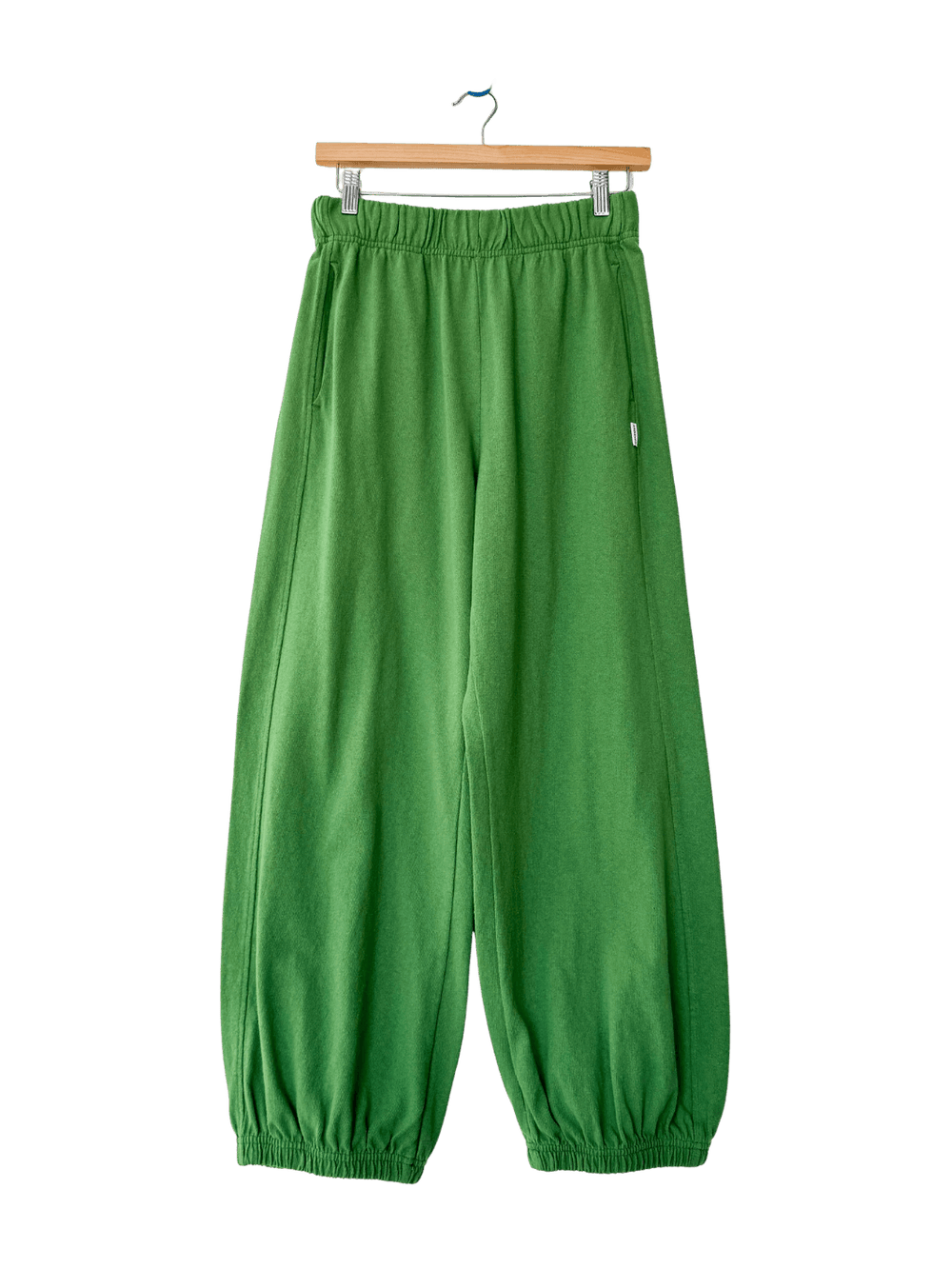 A studio product shot of the Le Bon Shoppe Balloon Pants in Asparagus hanging on a wooden clip hanger | Twentyseven