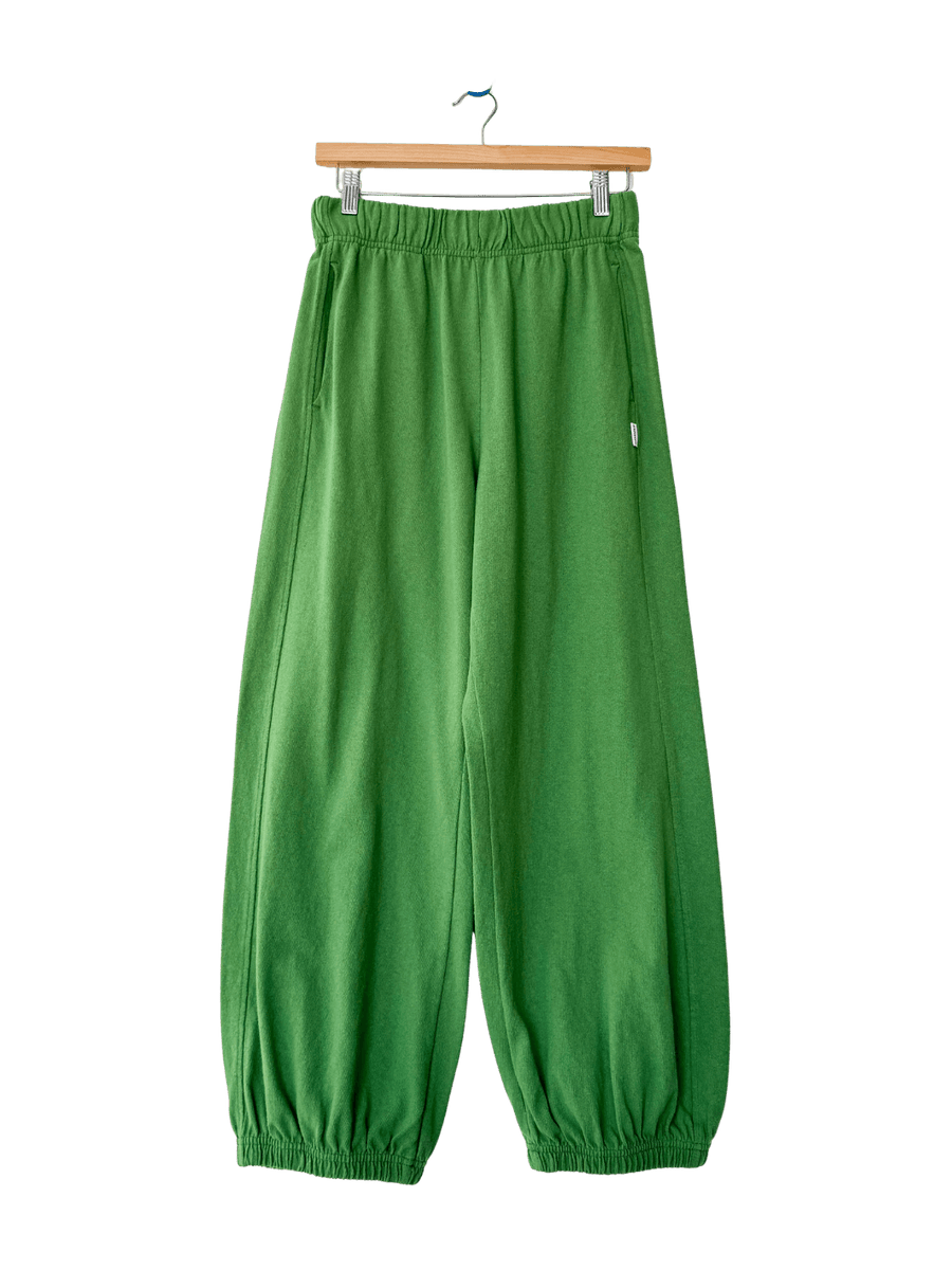 A studio product shot of the Le Bon Shoppe Balloon Pants in Asparagus hanging on a wooden clip hanger | Twentyseven