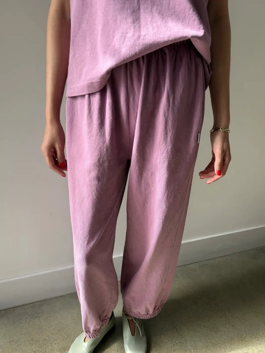 A front view of a model wearing the Le Bon Shoppe Balloon Pants in Dusty Lilac paired with a matching top and light green shoes | Twentyseven