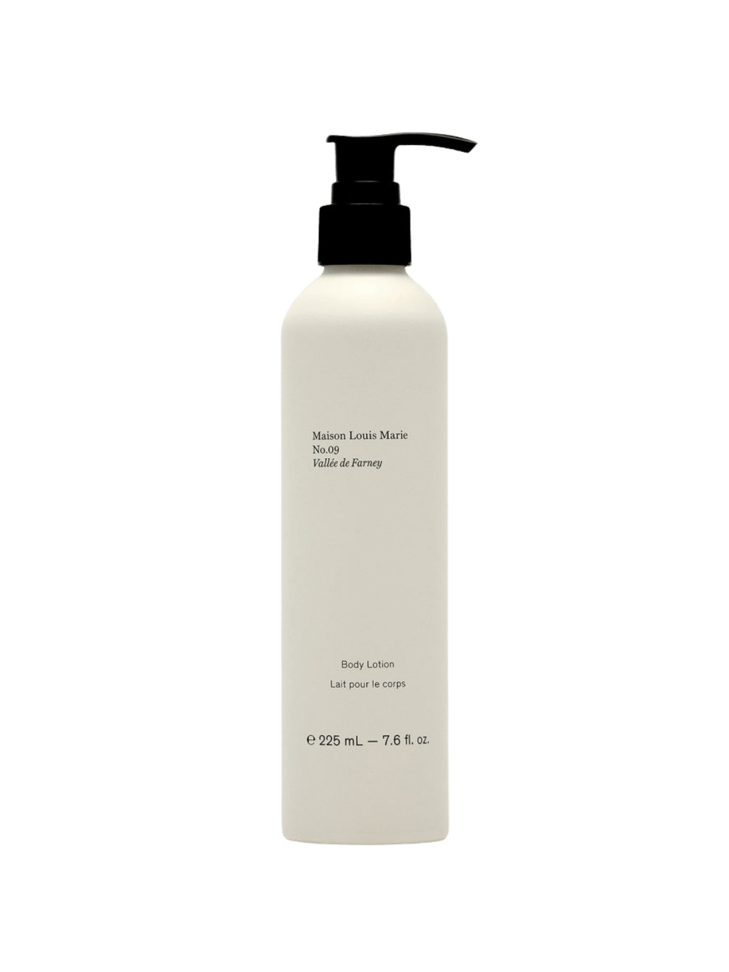 A 225 mL bottle of Maison Louis Marie No. 09 Body Lotion in Vallée de Farney, featuring an off-white bottle with a black pump dispenser | Twentyseven