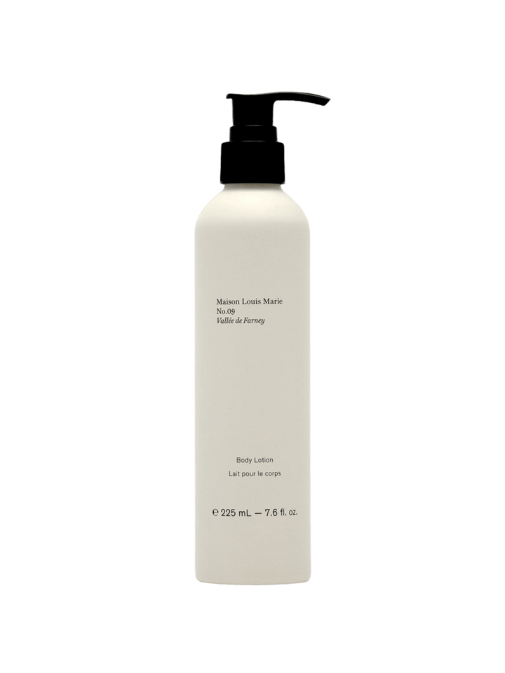 A 225 mL bottle of Maison Louis Marie No. 09 Body Lotion in Vallée de Farney, featuring an off-white bottle with a black pump dispenser | Twentyseven