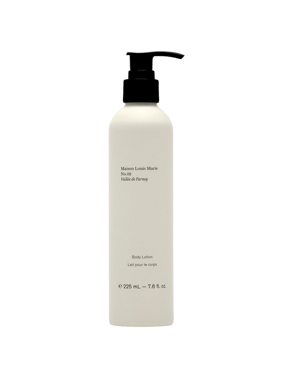 A 225 mL bottle of Maison Louis Marie No. 09 Body Lotion in Vallée de Farney, featuring an off-white bottle with a black pump dispenser | Twentyseven