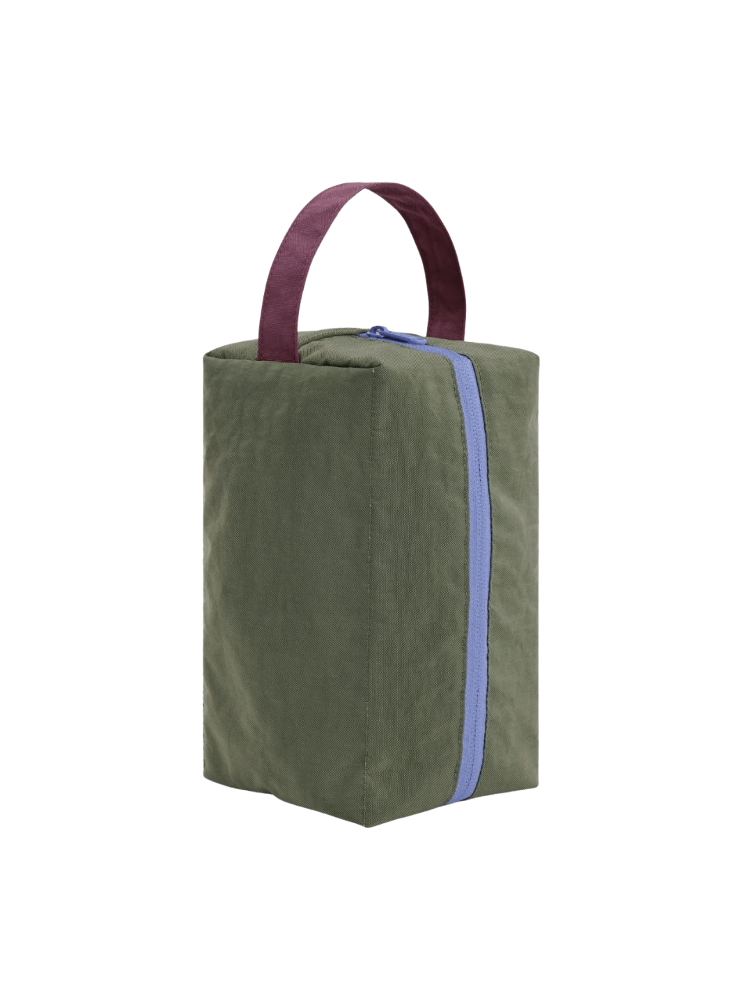 A studio product shot of the fully zipped dark green BAGGU Dopp Kit in Caper Mix with a dark red handle standing upright | Twentyseven