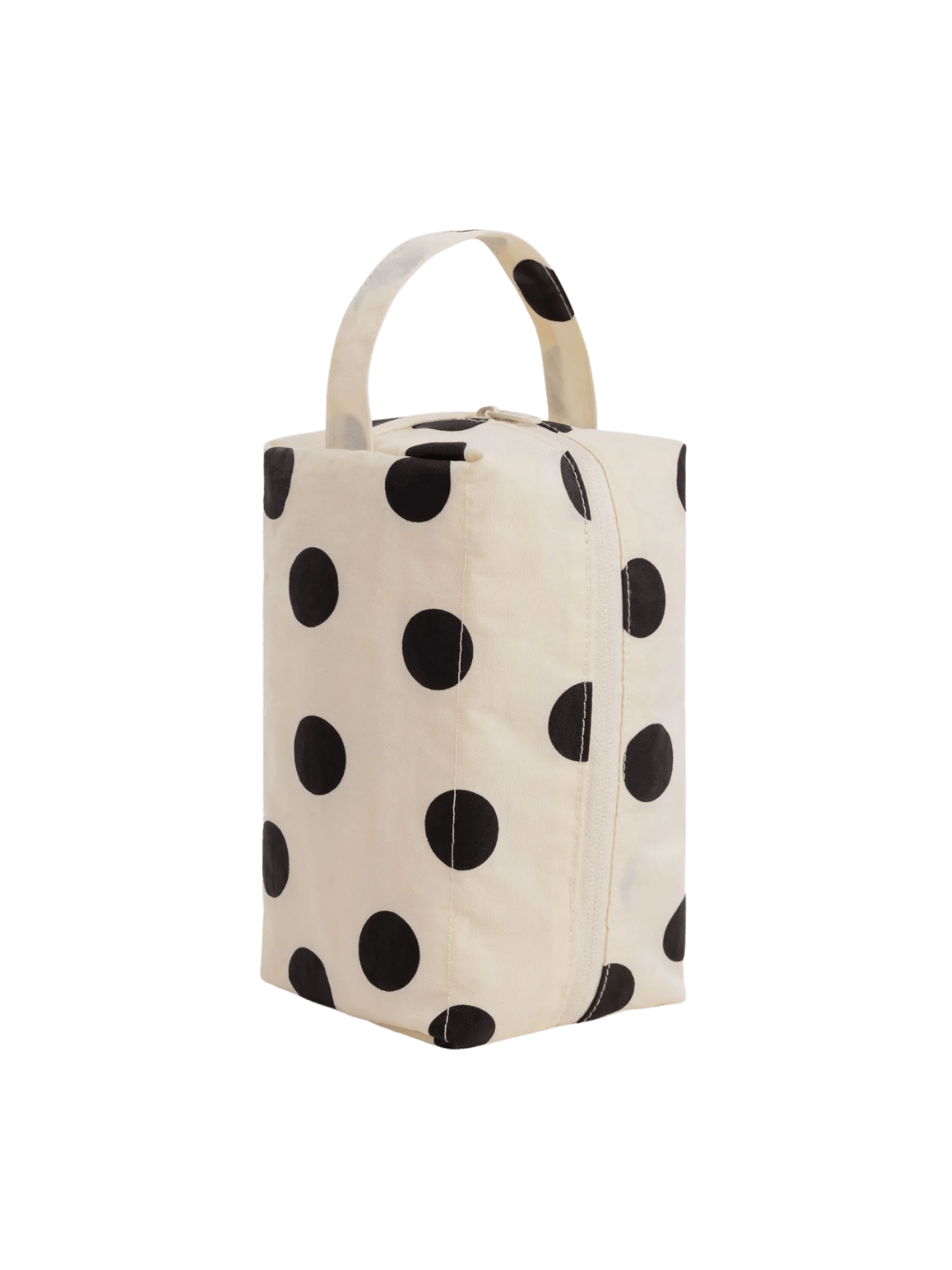 A studio product shot of the BAGGU Dopp Kit in Cream and Black Polka Dot standing upright | Twentyseven