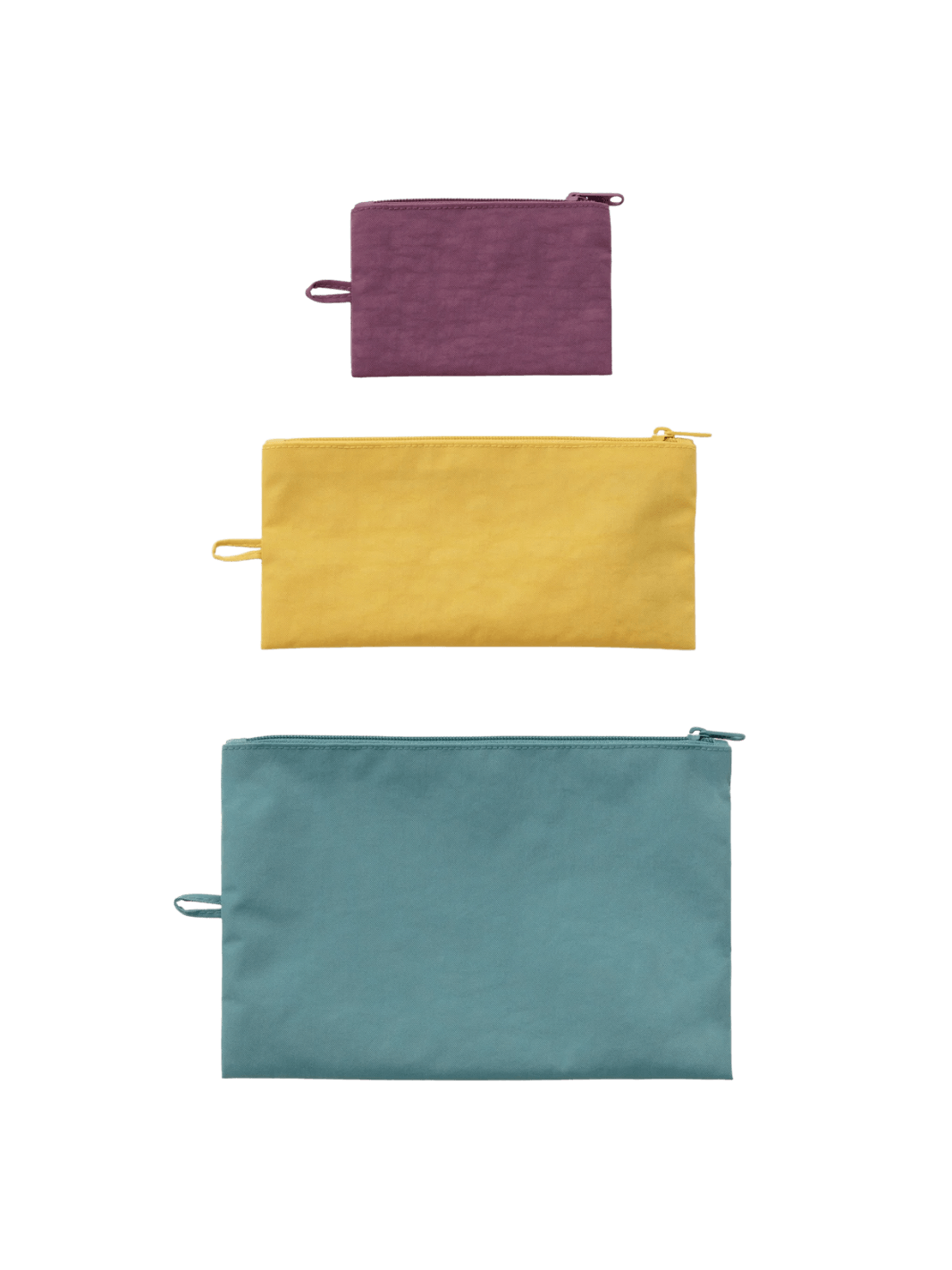 A top-down product shot of the BAGGU Flat Pouch Set in Jewel Mix featuring small purple, medium yellow, and large teal zippered pouches lined up vertically | Twentyseven