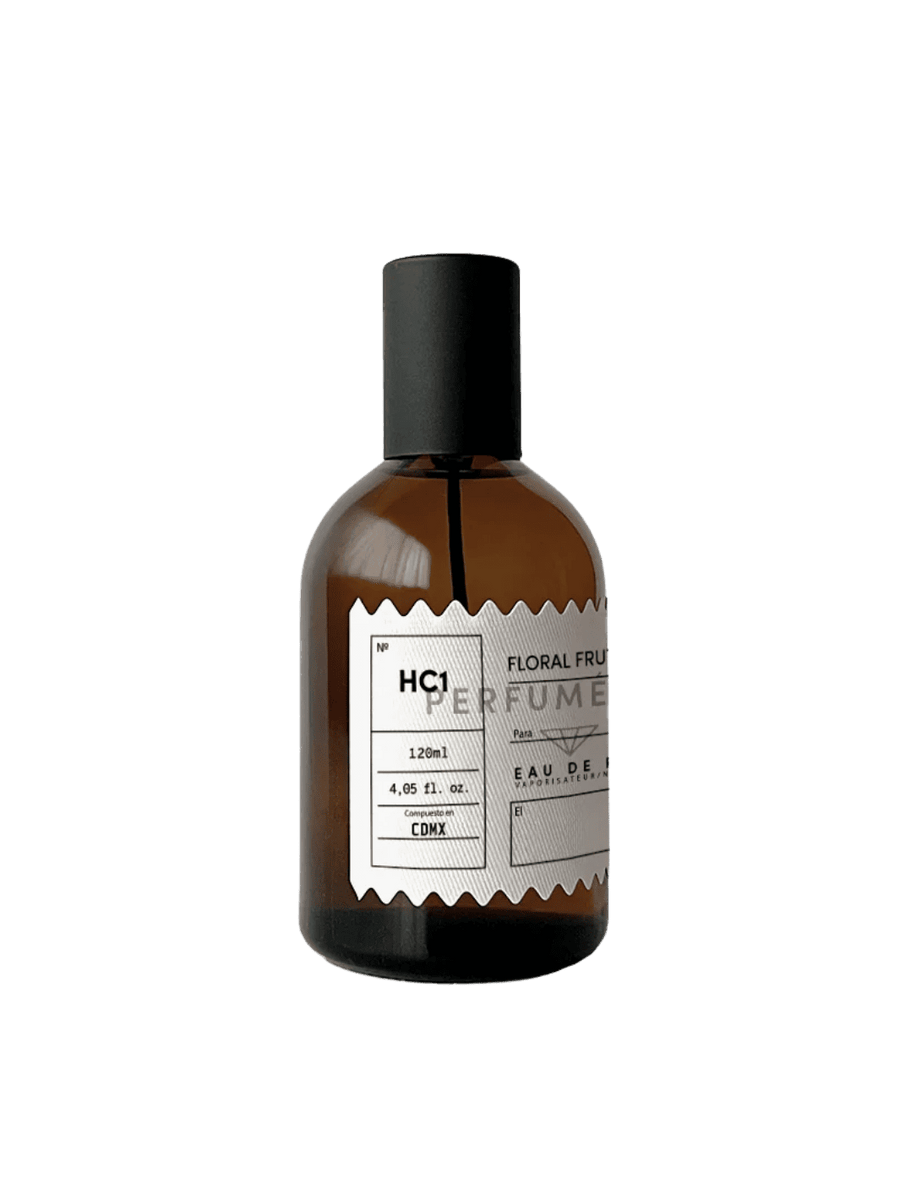 Brown perfume bottle with a black cap, the fragrance 'HC1 Floral Fruit Eau de Parfum' from Perfumérica, 120ml | Twentyseven Toronto