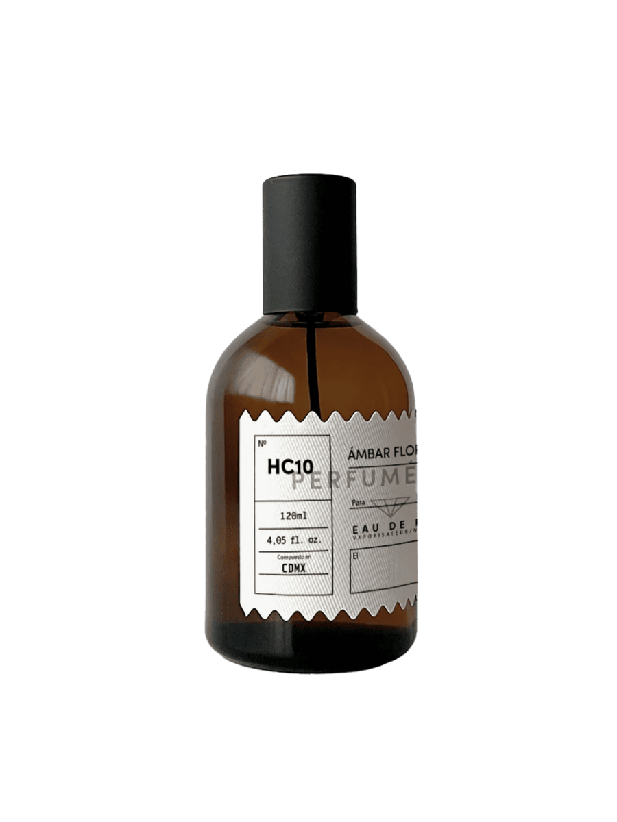 Brown perfume bottle with a black cap, the fragrance 'HC10 Amber Floral Eau de Parfum' from Perfumérica, 120ml | Twentyseven Toronto