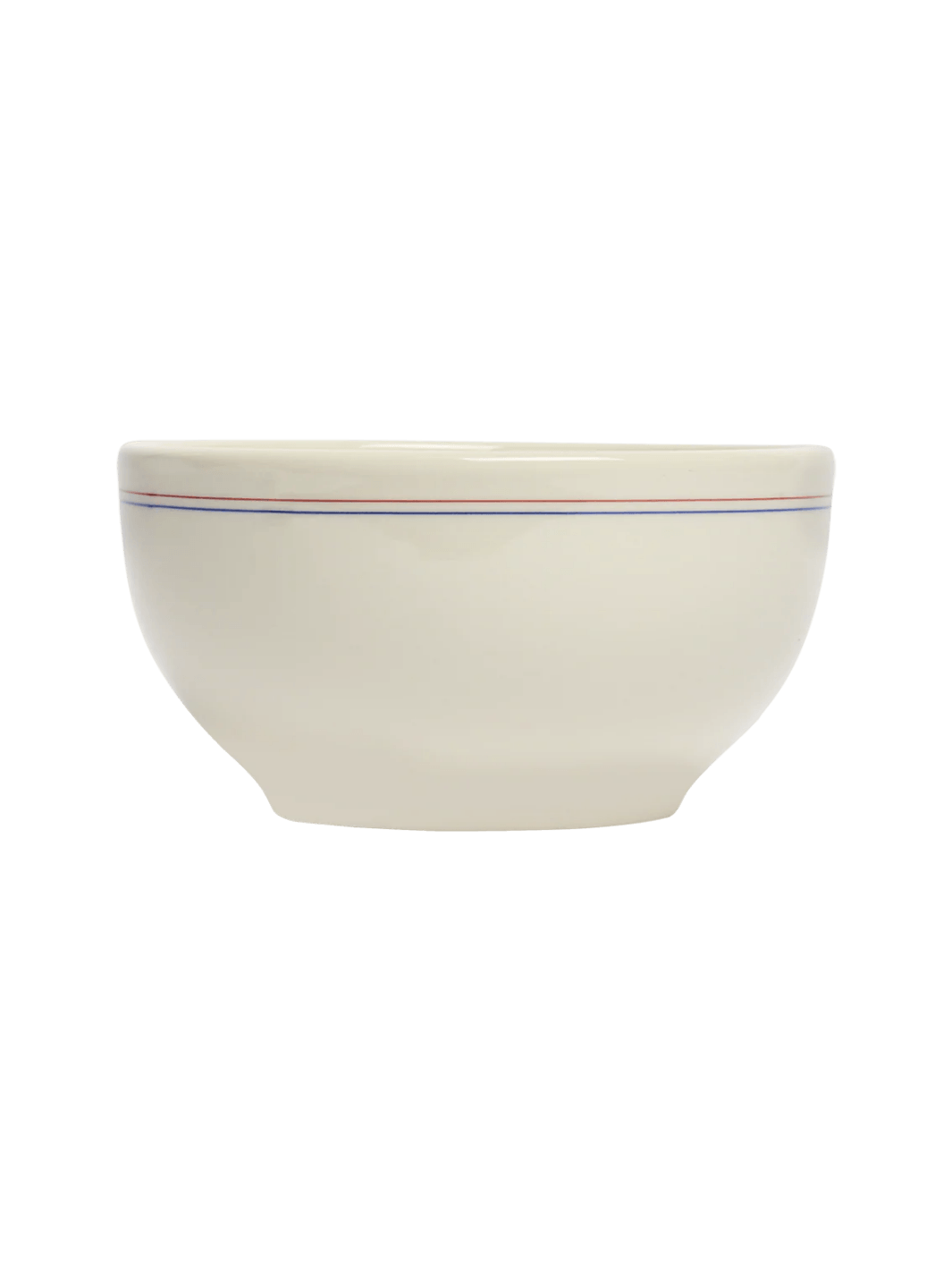 Side profile view of an off-white HL Red/Blueband - Cereal Bowl (22oz) from Fishs Eddy, highlighting its rounded silhouette, tapered base, and horizontal red and blue stripes | Twentyseven Toronto