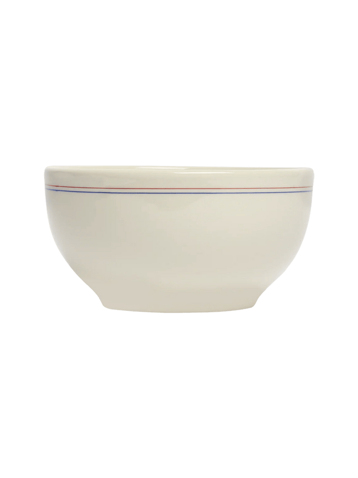 Side profile view of an off-white HL Red/Blueband - Cereal Bowl (22oz) from Fishs Eddy, highlighting its rounded silhouette, tapered base, and horizontal red and blue stripes | Twentyseven Toronto