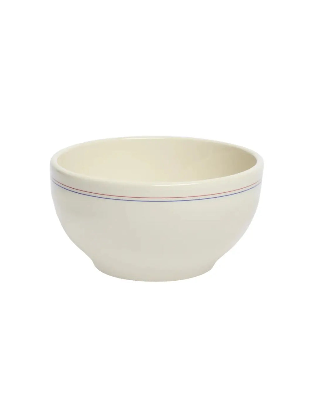 Angled three-quarter view looking down into an off-white HL Red/Blueband - Cereal Bowl (22oz) from Fishs Eddy, showing its deep interior and a thin red stripe above a blue stripe on the outer upper rim | Twentyseven Toronto