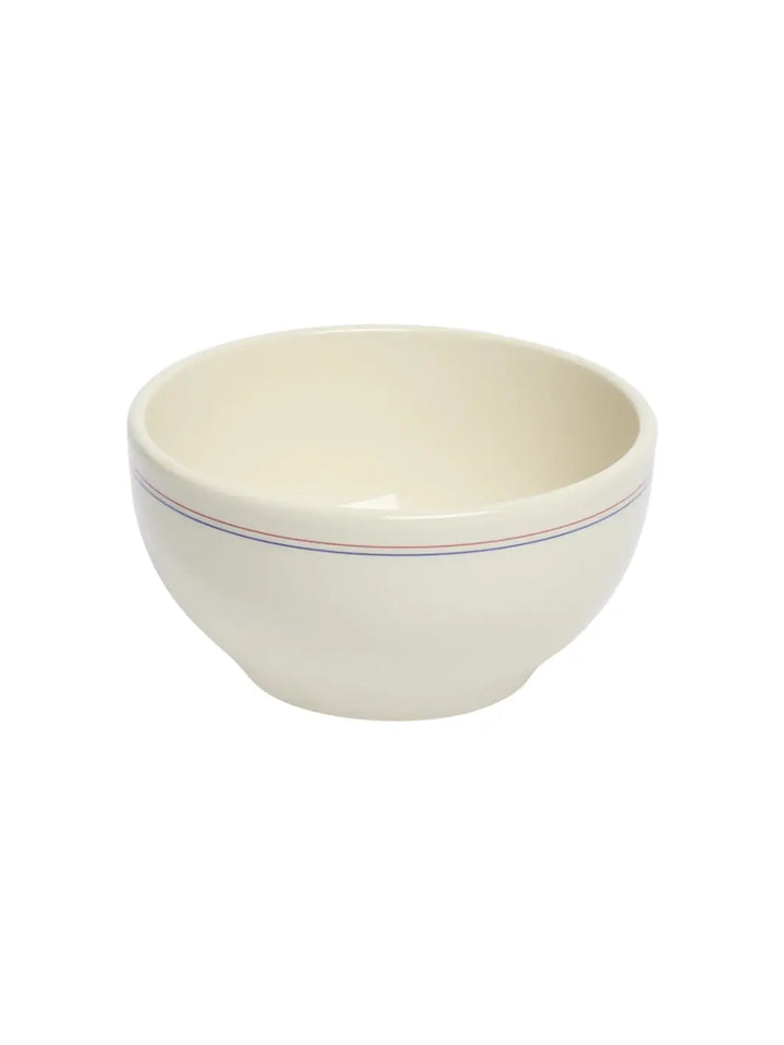 Off-white HL Red/Blueband - Cereal Bowl (22oz) from Fishs Eddy, showcasing the thickness of the ceramic rim and the parallel colored lines wrapping around the body | Twentyseven Toronto