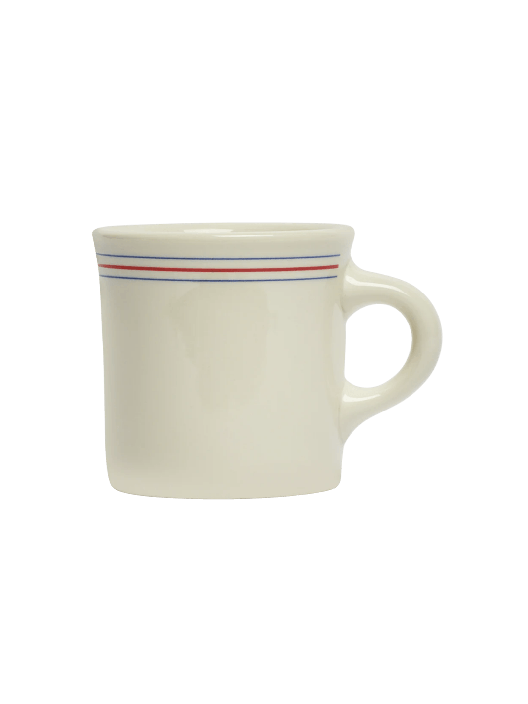Side profile view of an off-white HL Red/Blueband - Diner Mug (8.75oz) from Fishs Eddy, highlighting its silhouette, handle shape, and parallel red and blue accent lines | Twentyseven Toronto