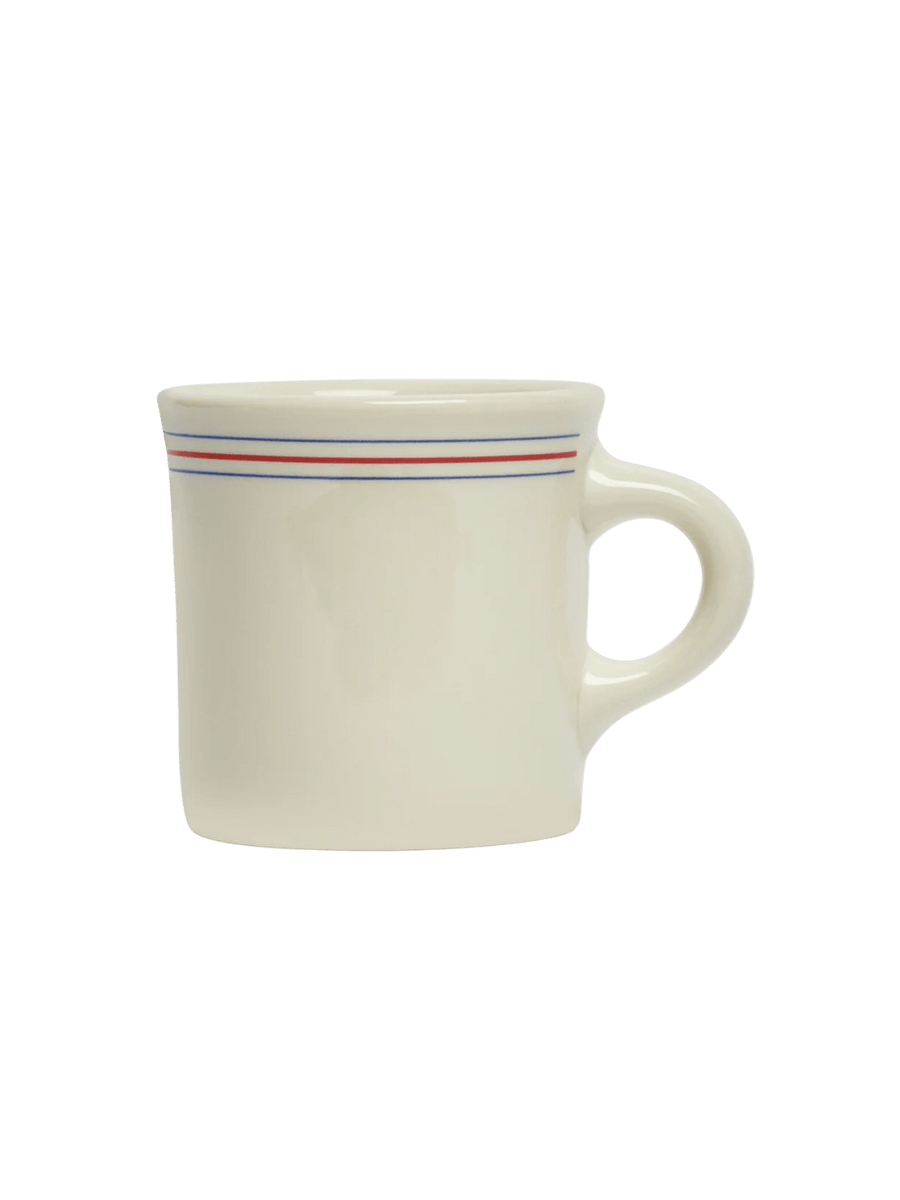 Side profile view of an off-white HL Red/Blueband - Diner Mug (8.75oz) from Fishs Eddy, highlighting its silhouette, handle shape, and parallel red and blue accent lines | Twentyseven Toronto