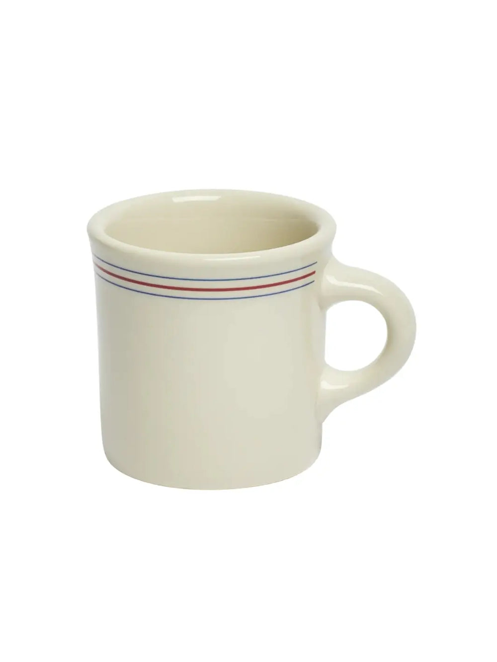 An angled three-quarter view of an off-white HL Red/Blueband - Diner Mug (8.75oz) from Fishs Eddy, showing the inside of the rim, the side handle, and a red stripe between two blue stripes | Twentyseven Toronto