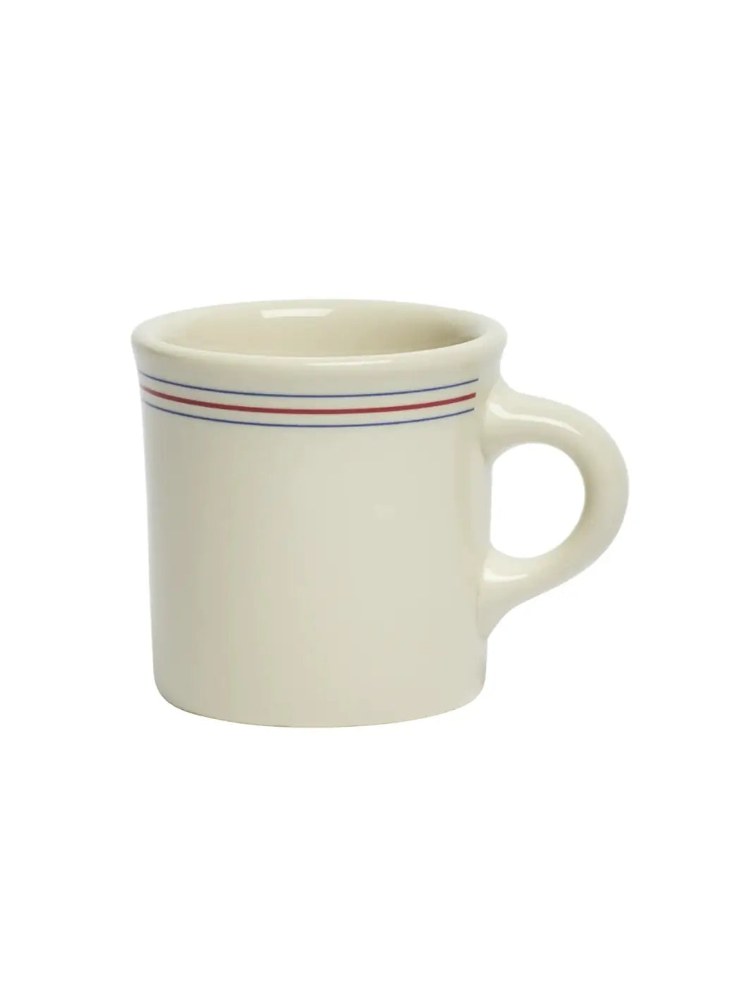 An off-white HL Red/Blueband - Diner Mug (8.75oz) from Fishs Eddy, showcasing the thick ceramic handle and the horizontal colored stripes wrapping around the upper body | Twentyseven Toronto