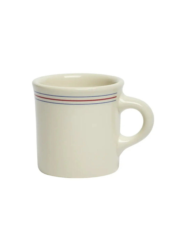 An off-white HL Red/Blueband - Diner Mug (8.75oz) from Fishs Eddy, showcasing the thick ceramic handle and the horizontal colored stripes wrapping around the upper body | Twentyseven Toronto