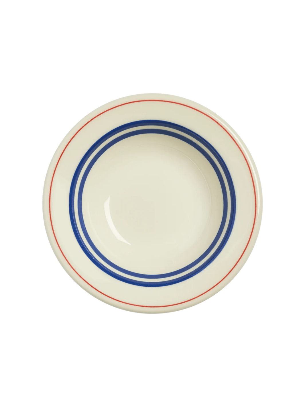 A direct top-down view of an off-white HL Red/Blueband - Fruit Bowl (4 oz) from Fishs Eddy, showcasing the concentric blue and red circular stripes from above | Twentyseven Toronto