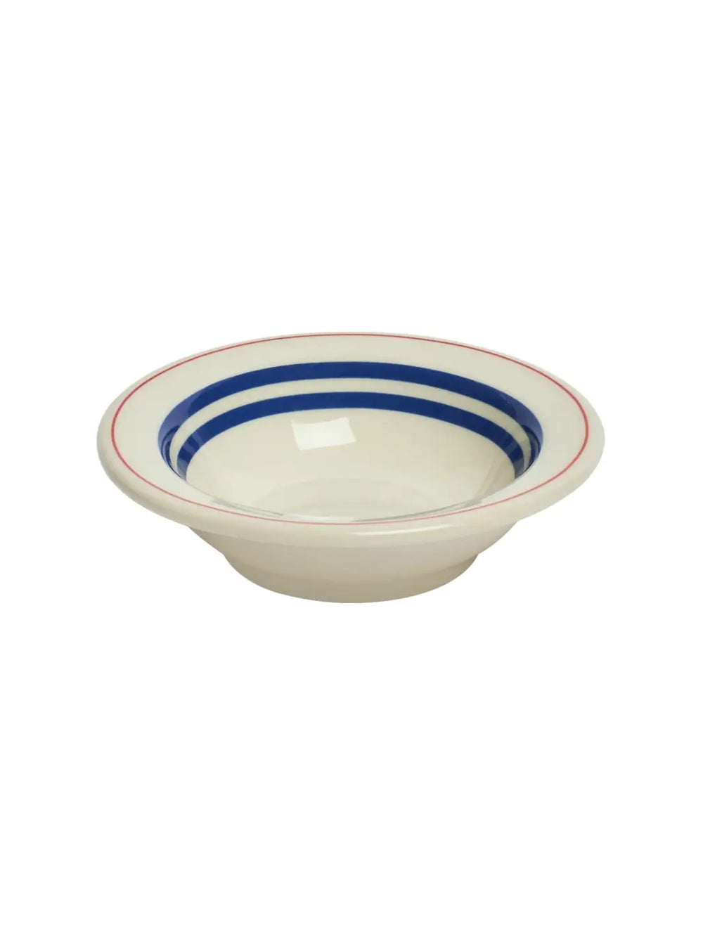 An angled three-quarter view of an off-white HL Red/Blueband - Fruit Bowl (4 oz) from Fishs Eddy, showing its interior, two thick blue bands, and a thin red rim stripe | Twentyseven Toronto