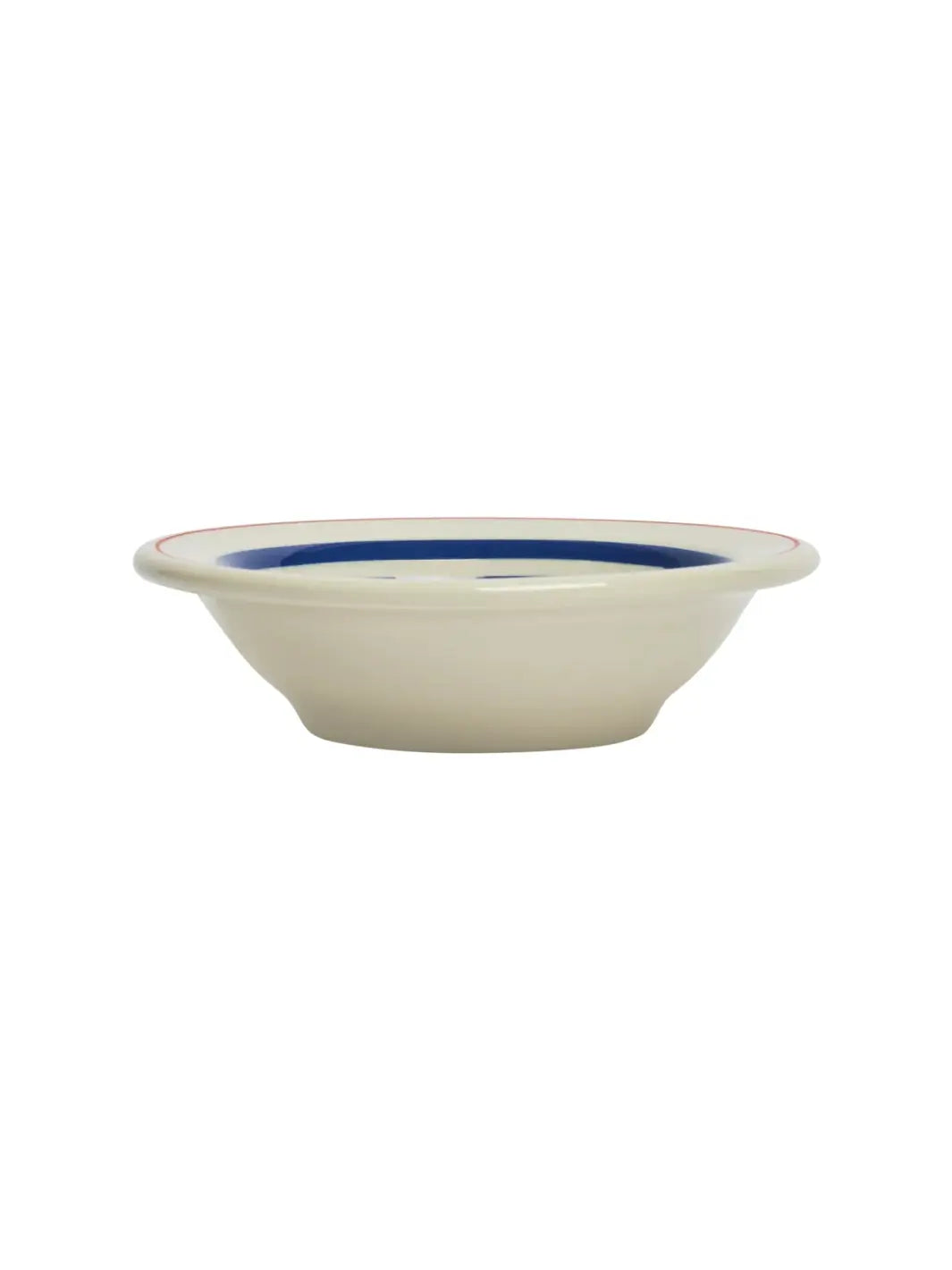 A side profile view of an off-white HL Red/Blueband - Fruit Bowl (4 oz) from Fishs Eddy, highlighting its flared shape and flat base | Twentyseven Toronto