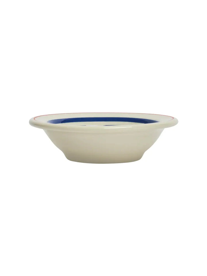 A side profile view of an off-white HL Red/Blueband - Fruit Bowl (4 oz) from Fishs Eddy, highlighting its flared shape and flat base | Twentyseven Toronto