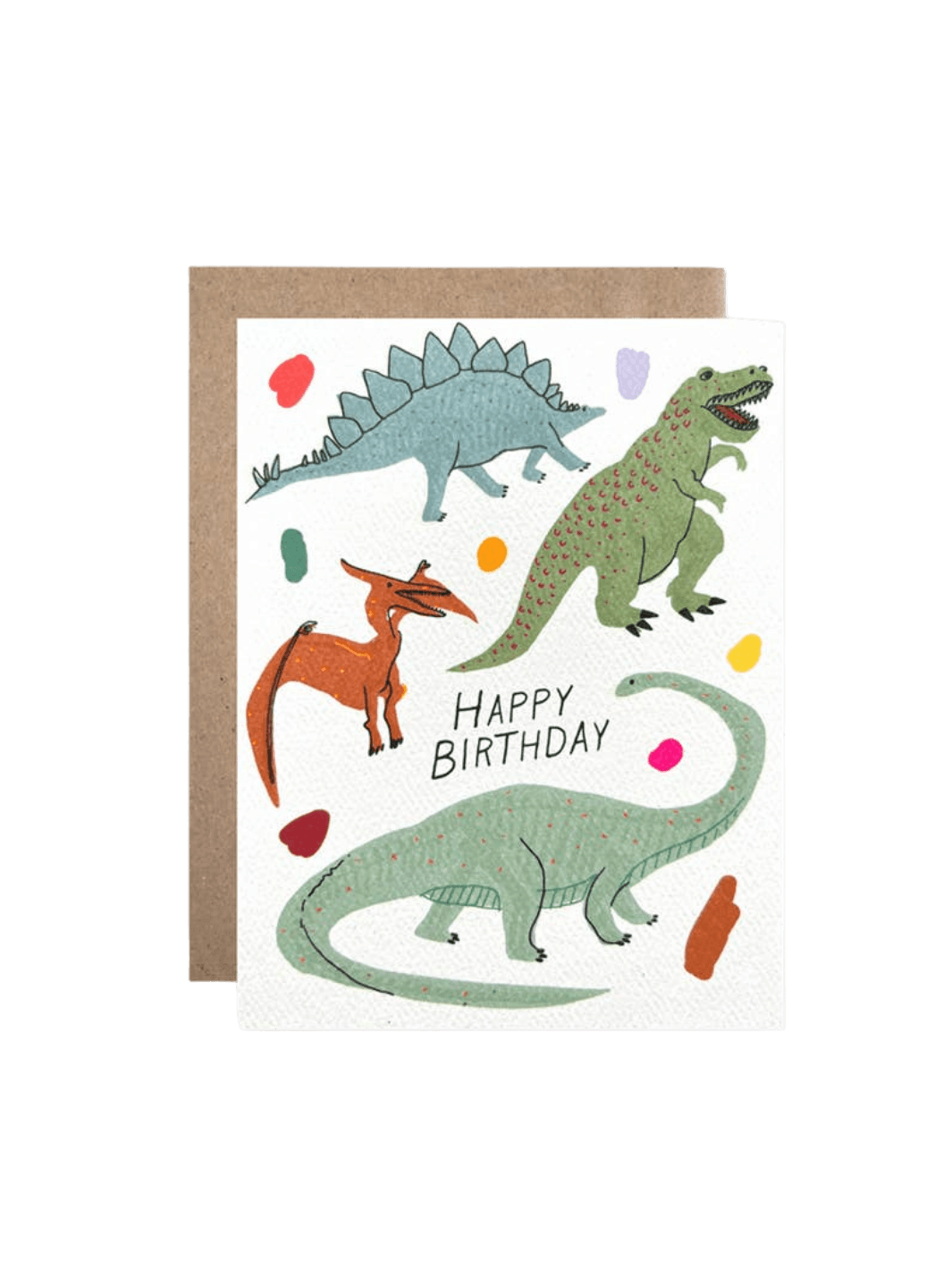 A studio product shot of the Hartland Cards Happy Birthday Glow In The Dark Dinosaurs Card set against a brown kraft envelope | Twentyseven