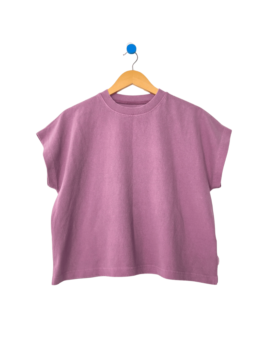 A studio product shot of the short-sleeve Le Bon Shoppe Jeanne Tee in Dusty Lilac hanging on a wooden hanger | Twentyseven