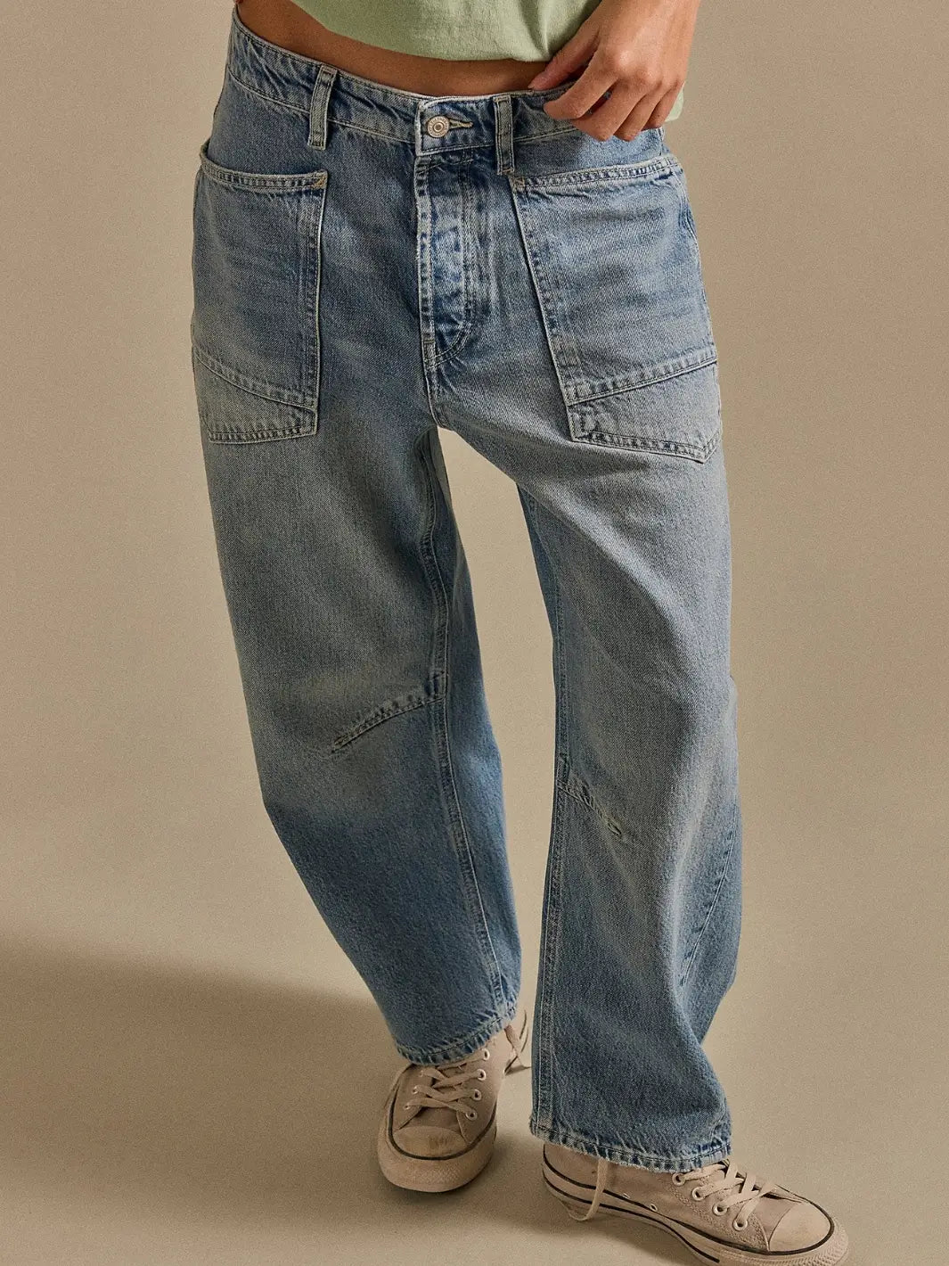 Front close-up view showing the utility front pockets and relaxed fit of the Free People We the Free Minimalist Moxie Barrel Jeans in County Fair | Twentyseven