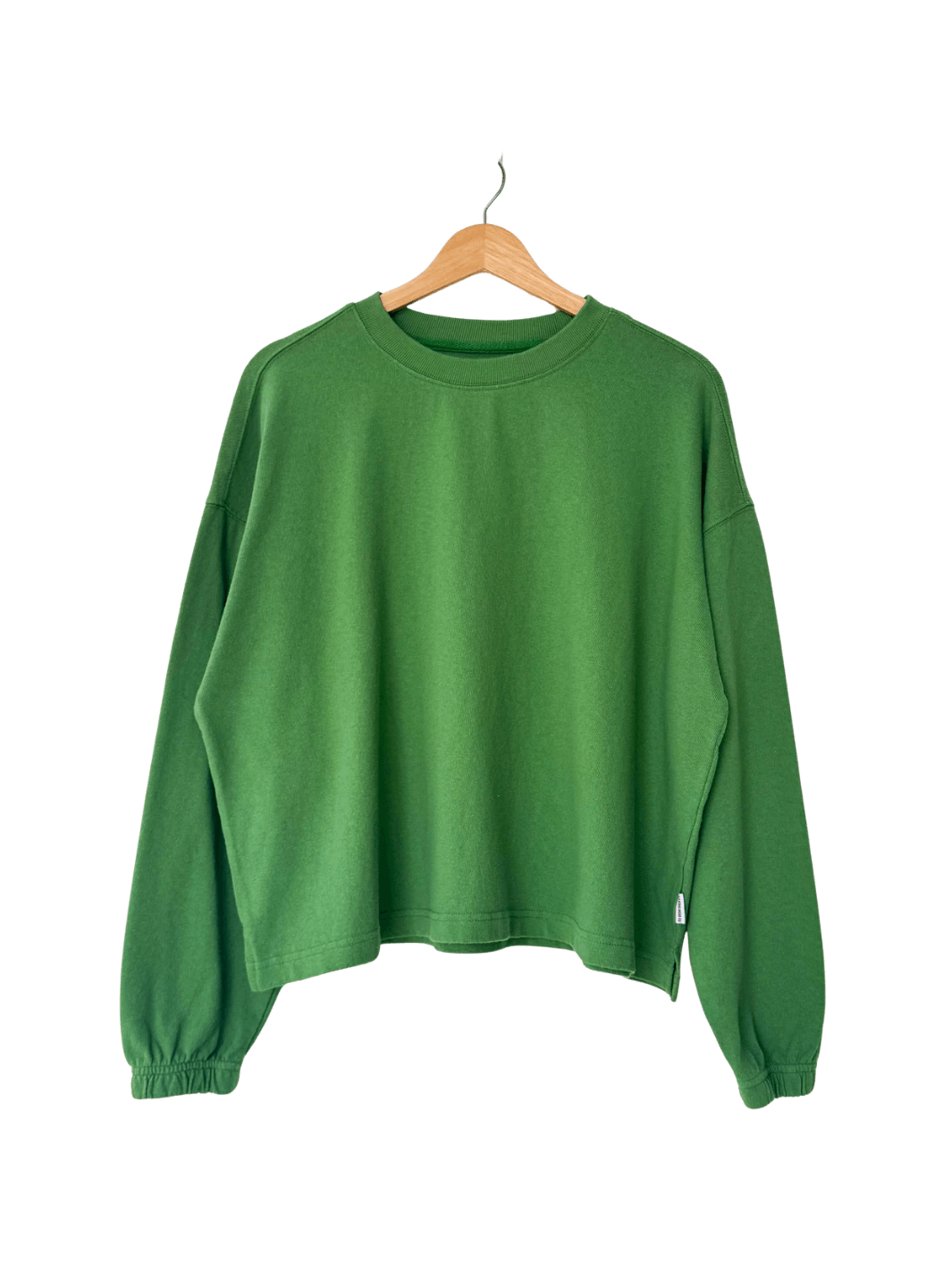 studio product shot of the long-sleeve Le Bon Shoppe Naturelle Tee in Asparagus hanging on a wooden hanger | Twentyseven