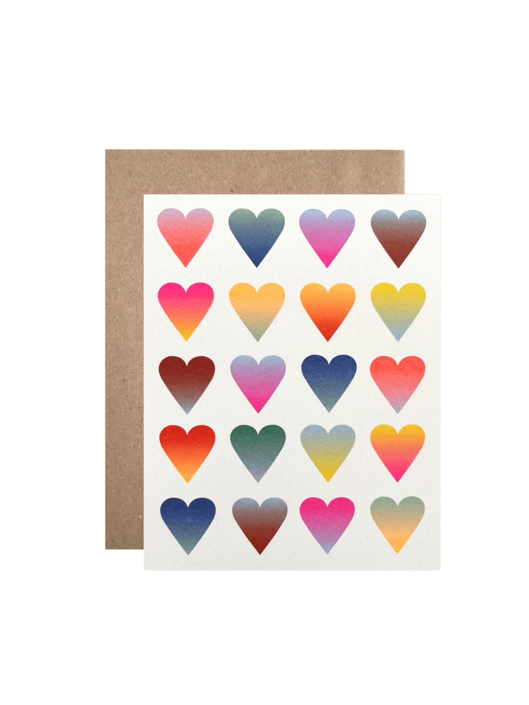 A studio product shot of the Hartland Cards Neon Gradient Hearts Card featuring rows of colorful gradient-filled hearts, displayed in front of a brown kraft envelope | Twentyseven