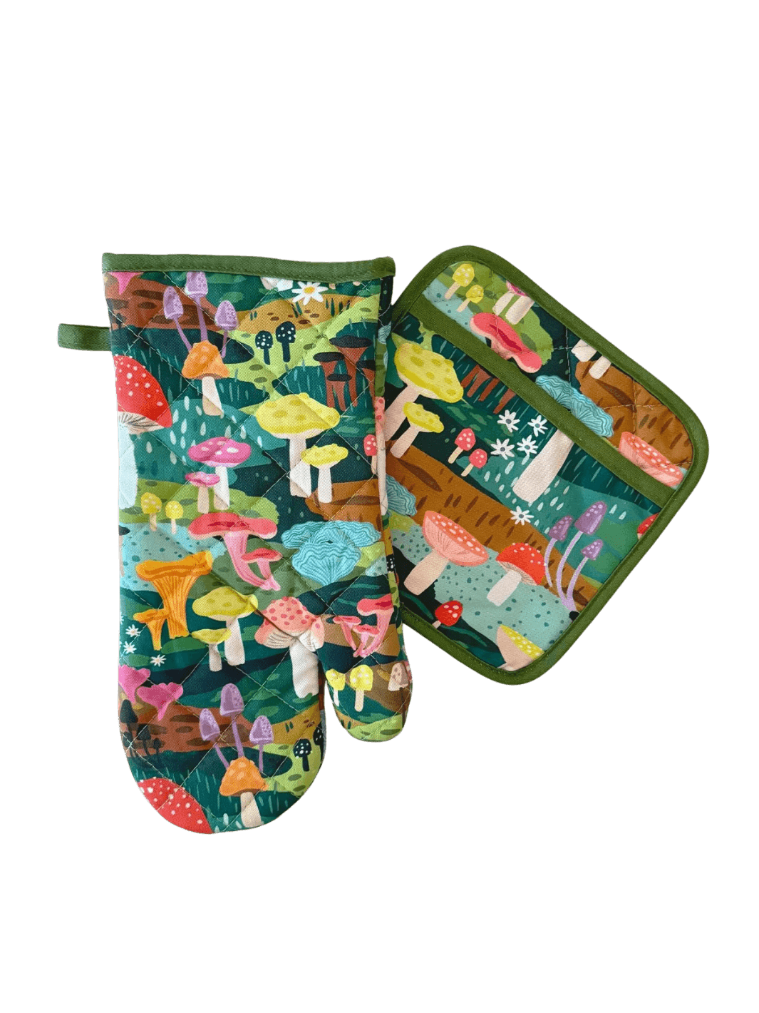 A studio product shot of the Idlewild Co. Oven Mitt + Potholder Set in Mushroom Heaven featuring a matching forest green oven mitt and potholder decorated with a colourful illustrated mushroom pattern | Twentyseven
