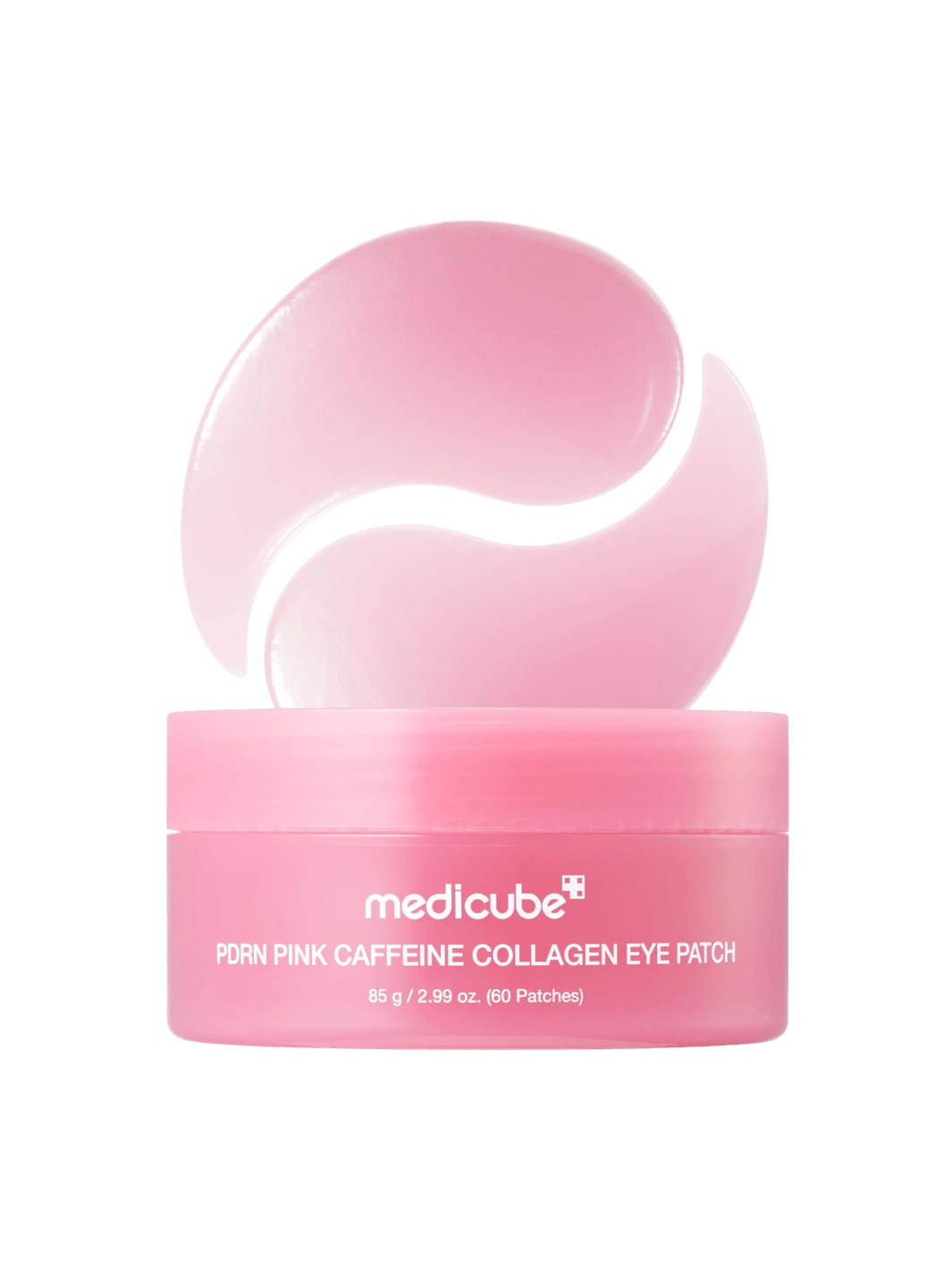 A studio product shot of the pink Medicube PDRN Caffeine Collagen Eye Patch jar displayed with two gel patches forming a crescent shape above it | Twentyseven