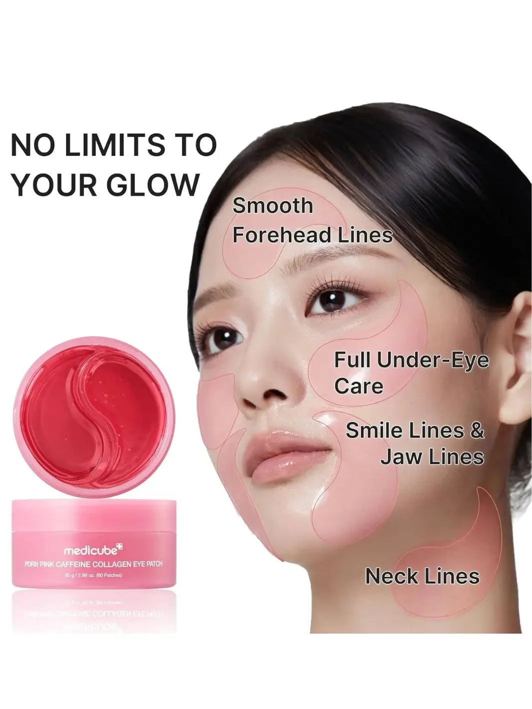 An promotional graphic demonstrating application zones for the Medicube PDRN Caffeine Collagen Eye Patch across the forehead, under-eyes, smile lines, and neck | Twentyseven