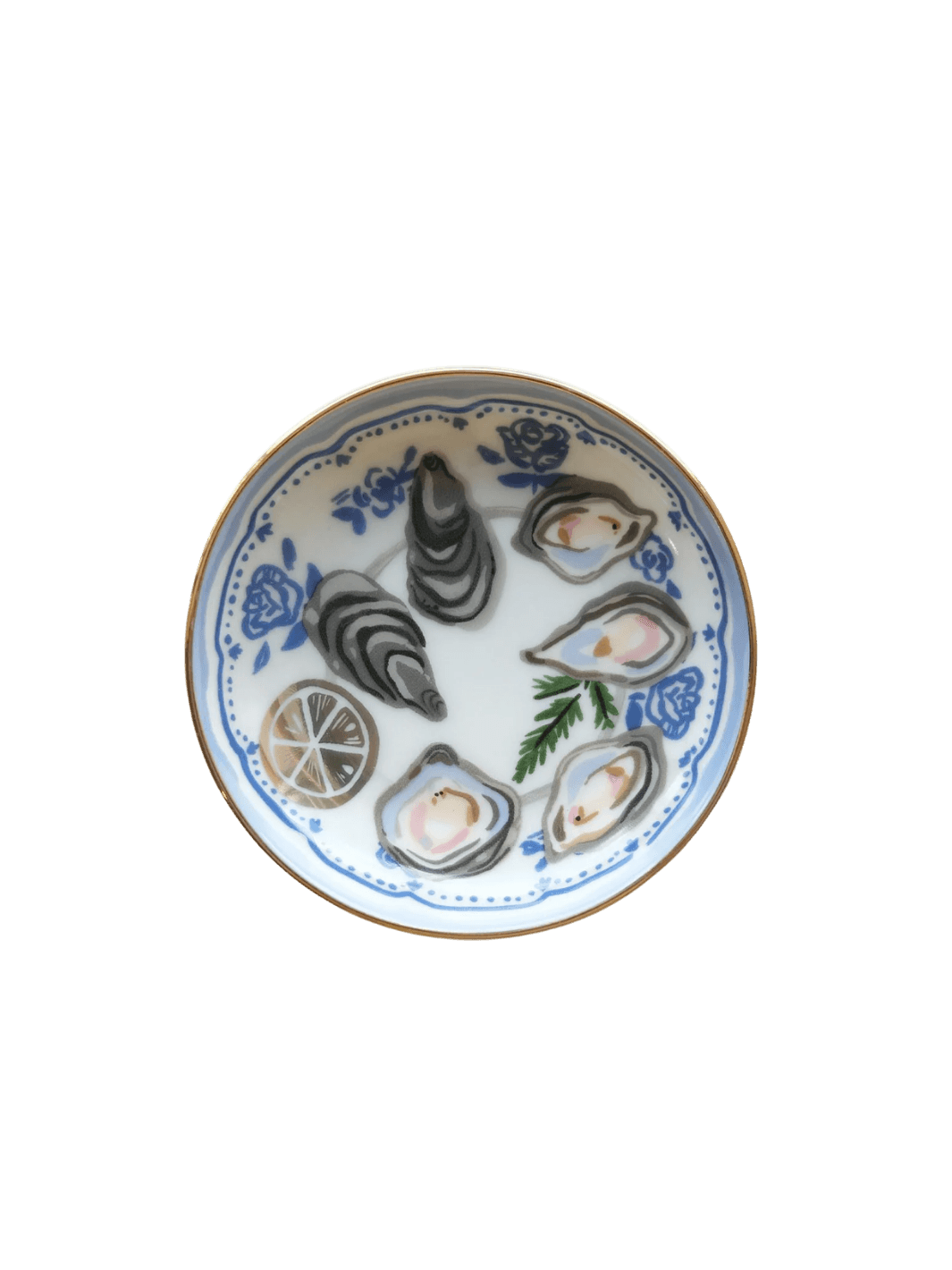 A clean studio shot of the Idlewild Co. Oysters Porcelain Trinket Dish, showing its gold-rimmed edge and blue floral-bordered oyster platter design | Twentyseven
