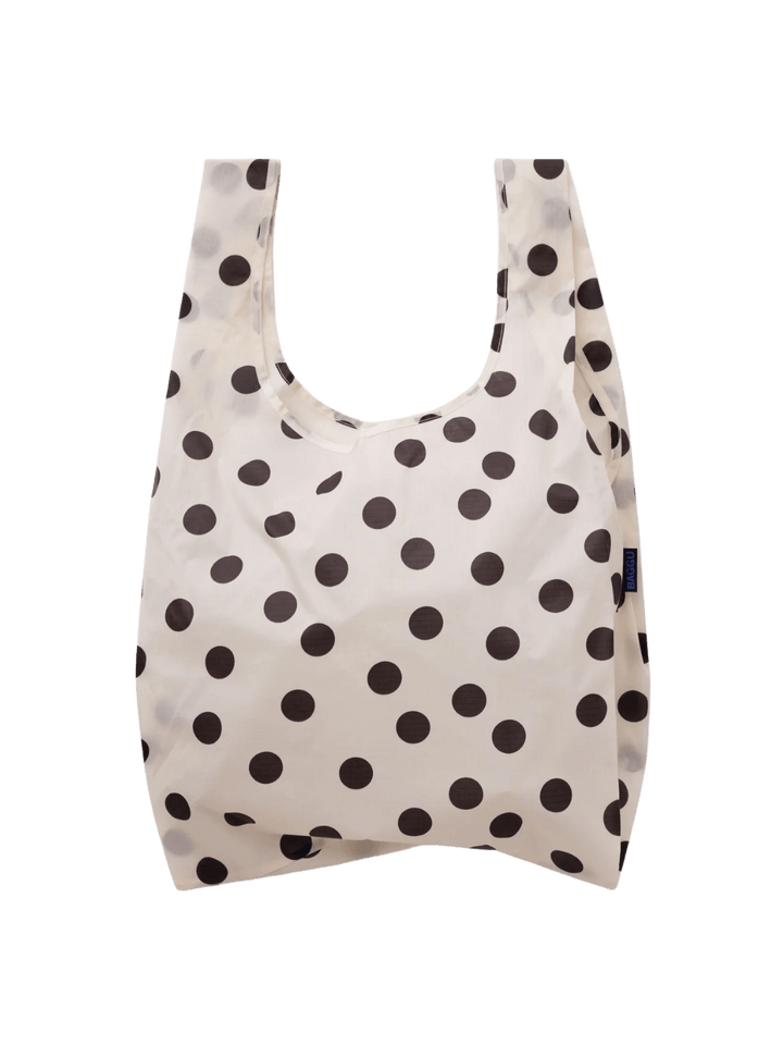 A front product shot displaying the fully opened BAGGU Standard Baggu in Cream and Black Polka Dot | Twentyseven