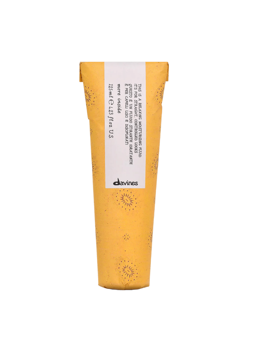 Front view of Davines This is a Relaxing Moisturizing Fluid in its yellow sun-patterned paper wrapper | Twentyseven
